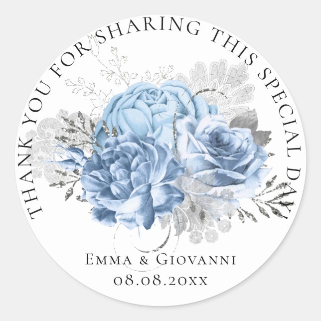 Bridal  Shower 16th Thank Floral White Blue Wreath Classic Round Sticker (Front)