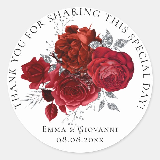 Bridal  Shower 16th Thank Red Roses White Flower Classic Round Sticker (Front)