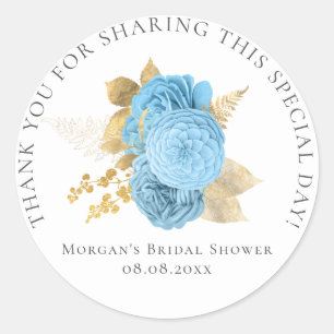 Bridal Shower 16th Thank Roses Blue Gold Floral Classic Round Sticker