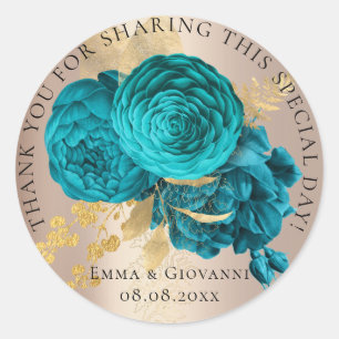 Bridal Shower 16th Thank Teal Gold Rose Flowers Classic Round Sticker