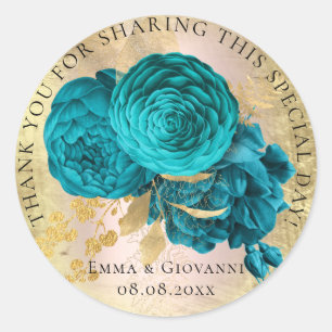 Bridal Shower 16th Thank Teal Rose Flower Classic Round Sticker