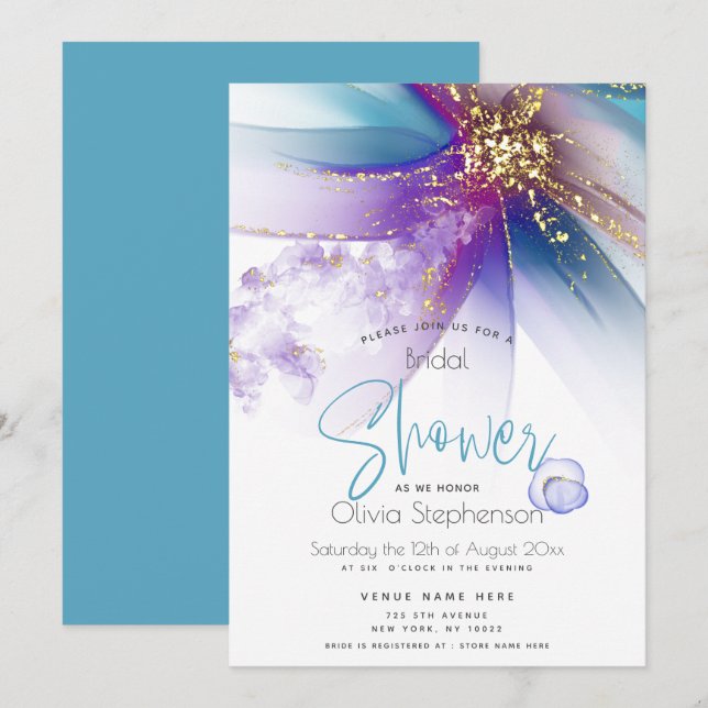 BRIDAL SHOWER | Abstract Alcohol Ink Teal Amethyst Invitation (Front/Back)