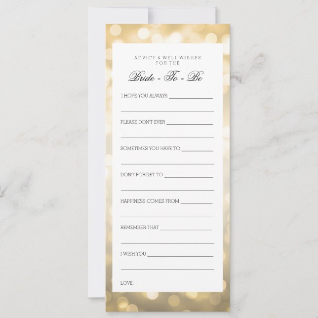 Bridal Shower Advice Cards Gold Glitter Lights (Front)