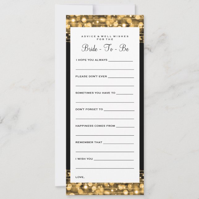 Bridal Shower Advice Cards Party Sparkles Gold (Front)