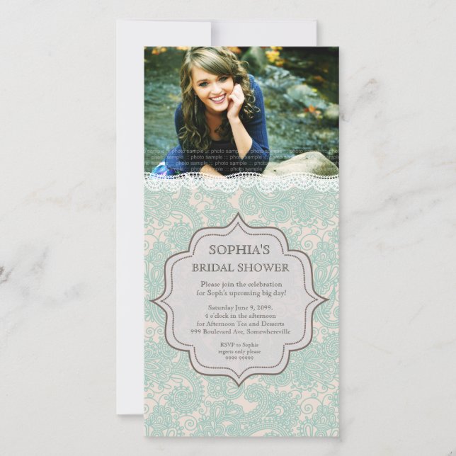 Bridal Shower Aqua Brown Lace Paisley Photo Invite (Front)