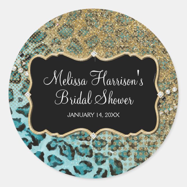 Bridal Shower Aqua Gold Leopard Animal Print Classic Round Sticker (Front)