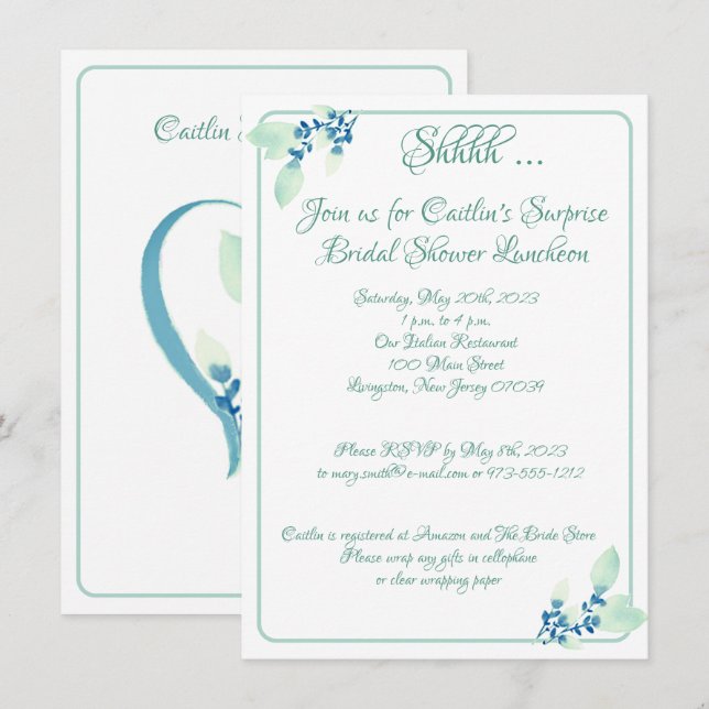 Bridal Shower, Aqua Outline Watercolor Invitation (Front/Back)