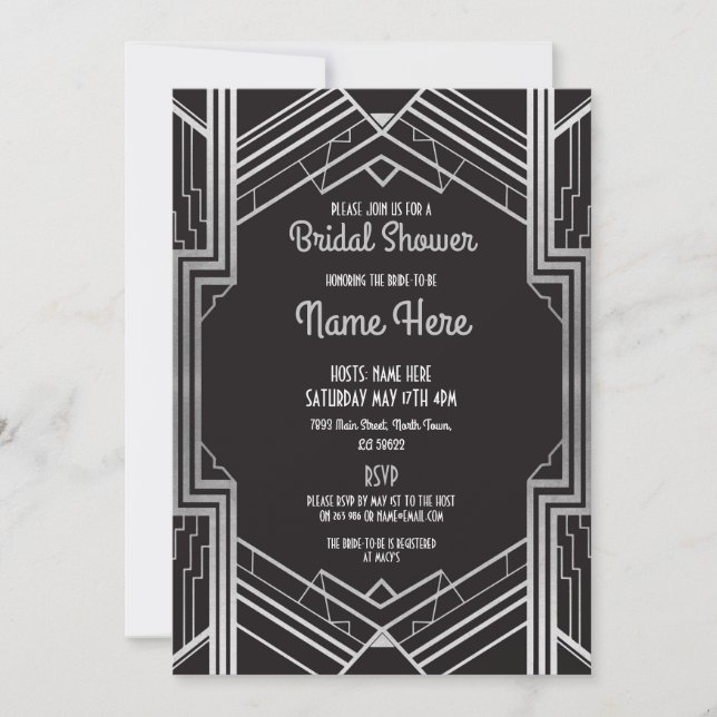 Bridal Shower Art Deco 1920's Silver Party Invite (Front)