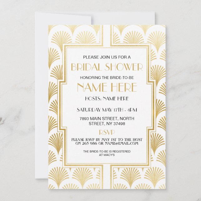 Bridal Shower Art Deco 1920's White and Gold Party Invitation (Front)