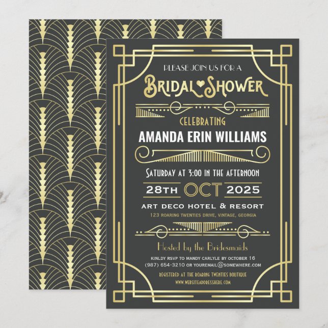 Bridal Shower Art Deco Elegant Gold Grey Retro Invitation (Front/Back)