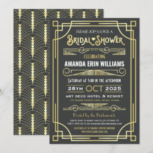 Bridal Shower Art Deco Elegant Gold Grey Retro Invitation