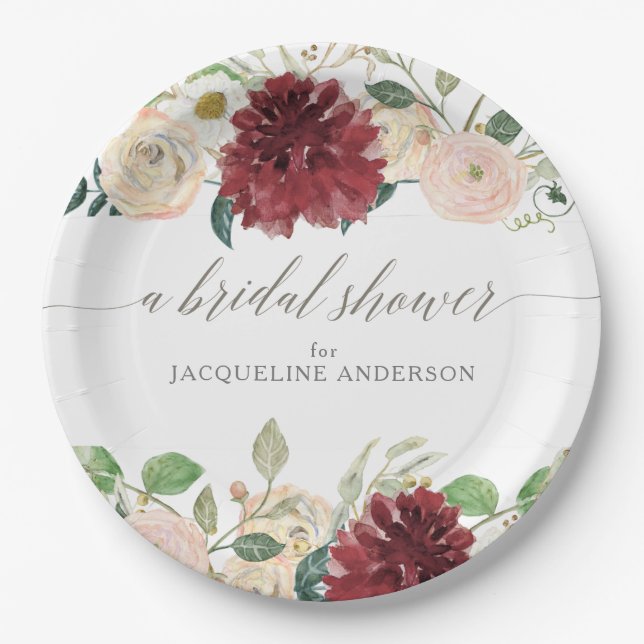 Bridal Shower Autumn Burgundy Roses Leaf Floral Paper Plate (Front)