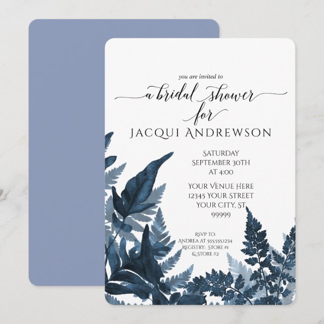 Bridal Shower Azure Blue Fern Foliage Botanical Invitation (Front/Back)