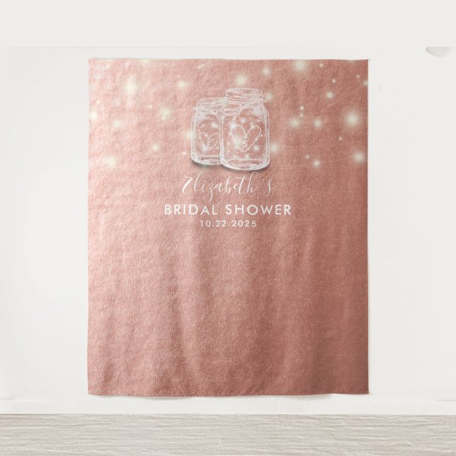 Bridal Shower Backdrop Couple Mason Jars Rose Gold Tapestry (Front)