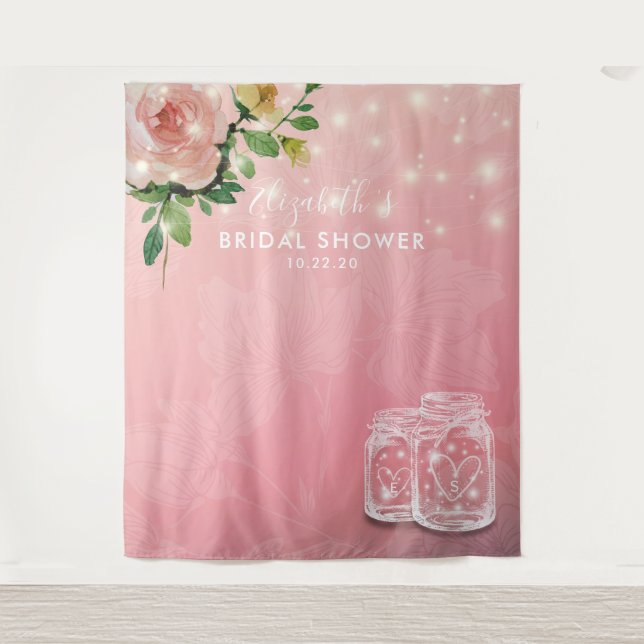 Bridal Shower Backdrop Floral Mason Jar Lights Tapestry (Front)