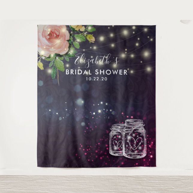 Bridal Shower Backdrop Floral Mason Jar Lights Tapestry (Front)