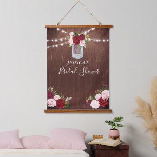 Bridal Shower Backdrop Sign Wood Burgundy Flower  Hanging Tapestry