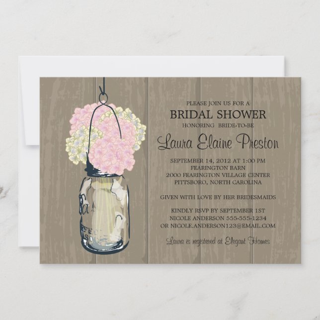 Bridal Shower Barn Wood Mason Jar Hydrangeas Invitation (Front)