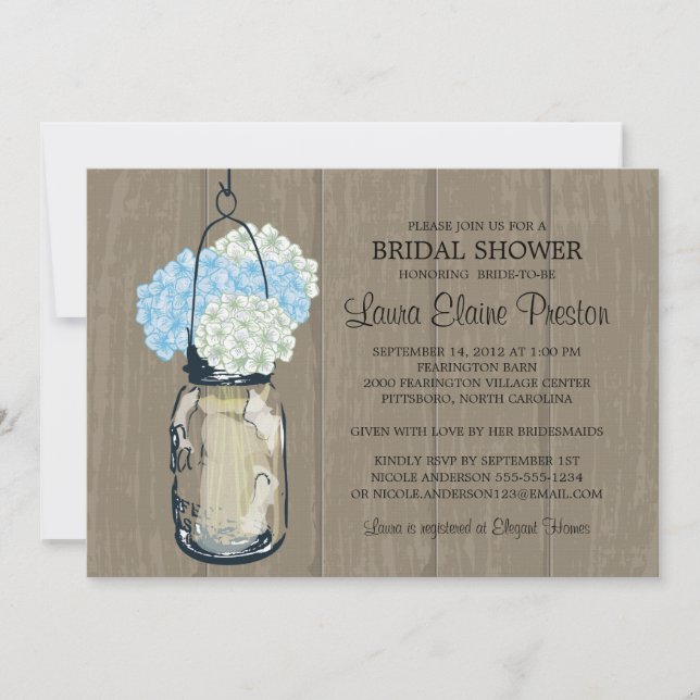 Bridal Shower Barn Wood Mason Jar Hydrangeas Invitation (Front)