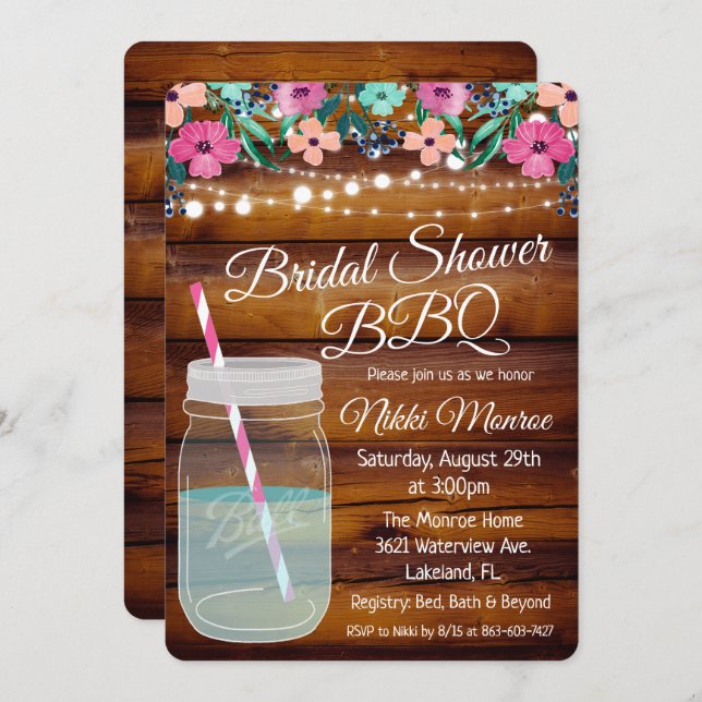 Bridal Shower BBQ Mason Jar Invitation (Front/Back)