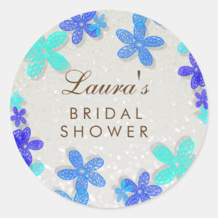 Bridal Shower Beach Blue Floral Confetti Pearl Classic Round Sticker