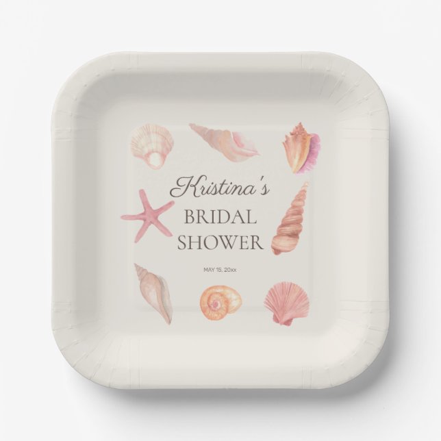 Bridal Shower Beach Party Pink Seashells  Paper Plate (Front)