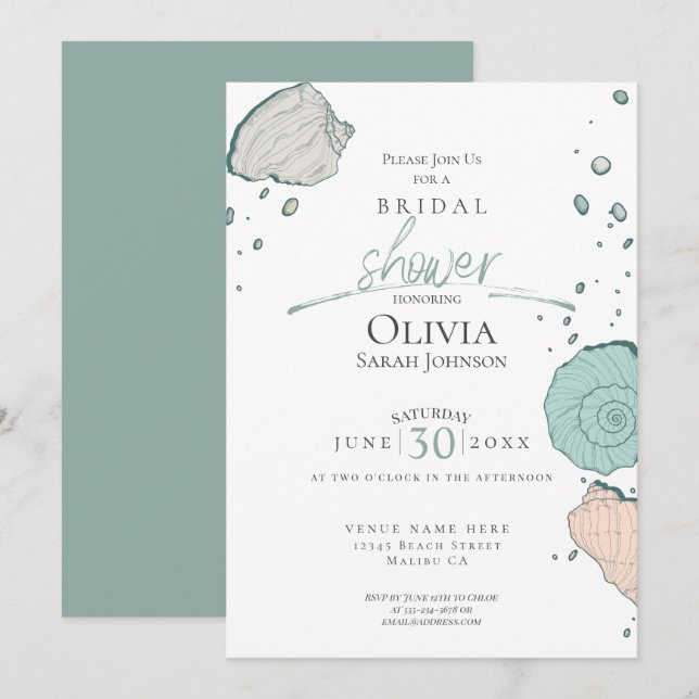 Bridal Shower | Beach Seashells Coral Sand Teal Invitation (Front/Back)