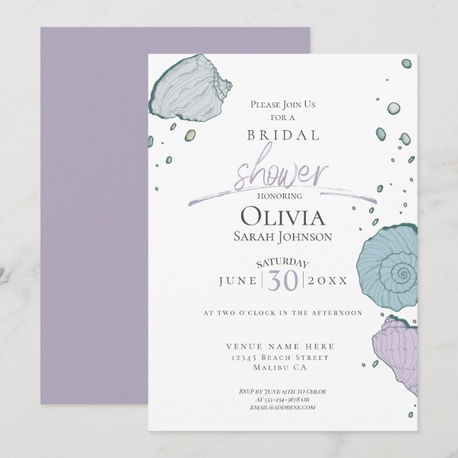 Bridal Shower | Beach Seashells Lilac Dusty Blue Invitation (Front/Back)