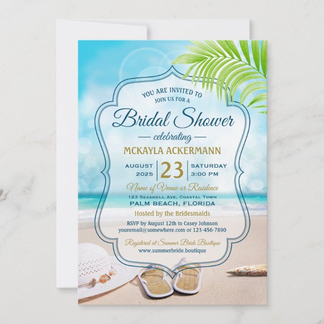 Bridal Shower Beach Wedding Hat Palm Leaf Seashell Invitation (Front)