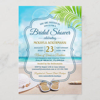 Bridal Shower Beach Wedding Hat Palm Leaf Seashell Invitation