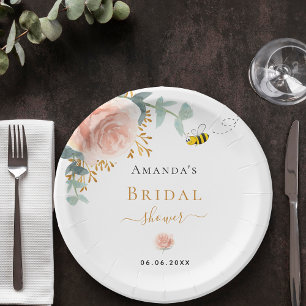 Bridal Shower bee pink floral eucalyptus Paper Plate