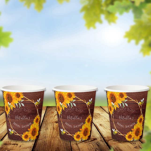 Bridal Shower bees sunflowers rustic wood brown Paper Cups (Creator Uploaded)