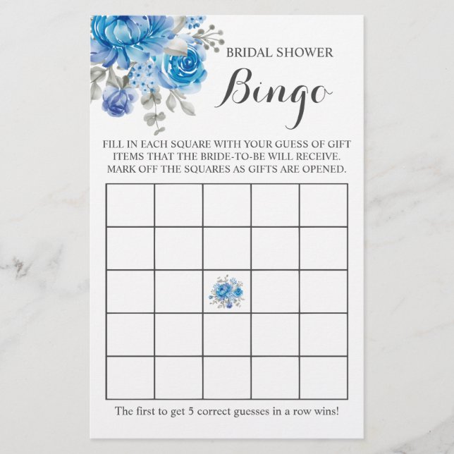 Bridal Shower Bingo Blue Flower Game Card (Front)