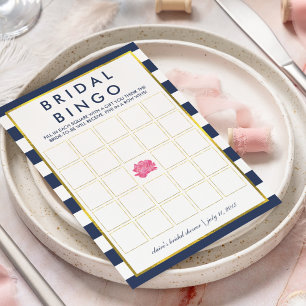 Bridal Shower Bingo Game Card   Navy Stripe Peony