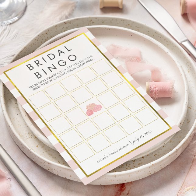 Bridal Shower Bingo Game Card | Pink Stripe Peony (Creator Uploaded)