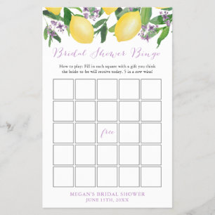 Bridal Shower Bingo Game Card With Lemons Lavender