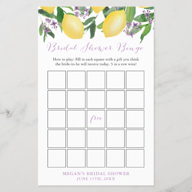 Bridal Shower Bingo Game Card With Lemons Lavender (Front)