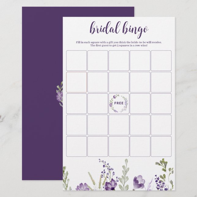 Bridal Shower Bingo Game Purple Lavender Floral (Front/Back)