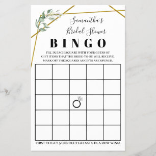 Bridal Shower Bingo Greenery Gold Game Card