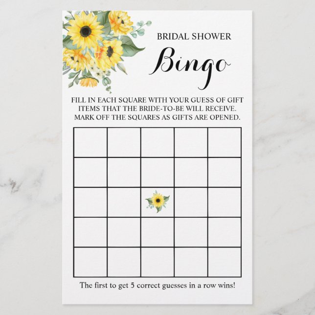Bridal Shower Bingo Greenery Sunflower Game Card (Front)