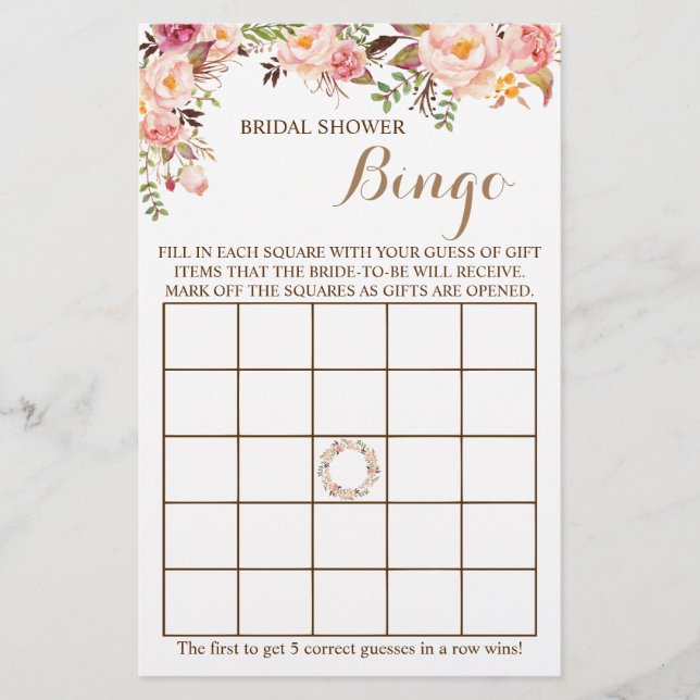 Bridal Shower Bingo Pink Floral Game Card (Front)