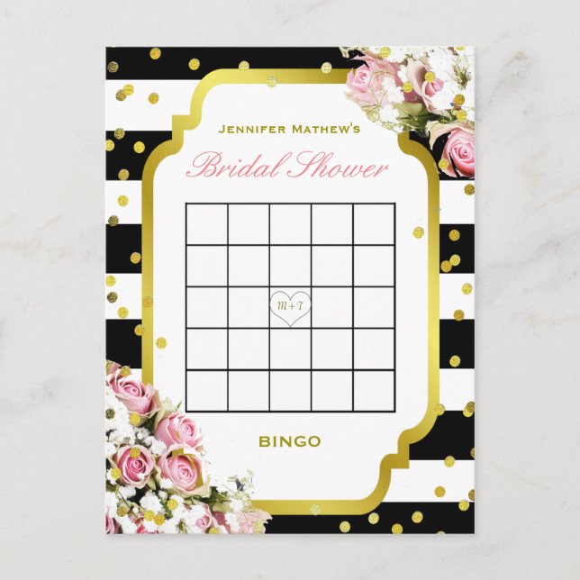 Bridal Shower Bingo | Stripes and Roses Invitation Postcard (Front)