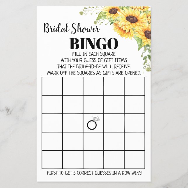 Bridal Shower Bingo Sunflowers Game Card (Front)