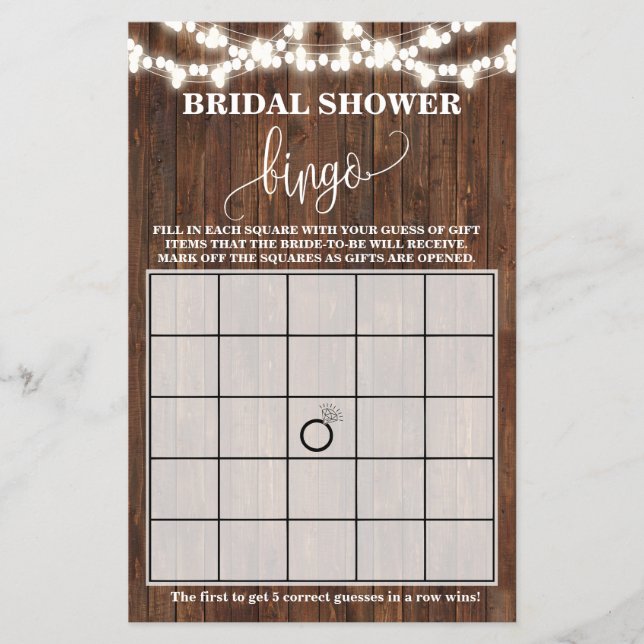 Bridal Shower Bingo Western Wedding Game Card (Front)