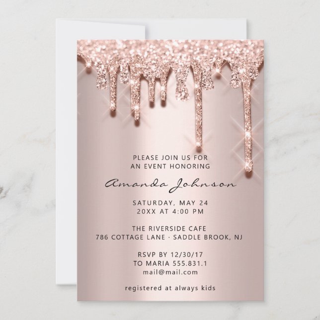 Bridal Shower Birthday 16th Rose 3D Drips Glitter Invitation (Front)