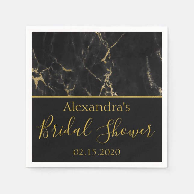 Bridal Shower Black and Gold Elegant Marble Napkin (Front)