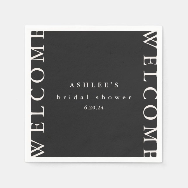 Bridal Shower Black and Taupe Typography Welcome  Napkin (Front)