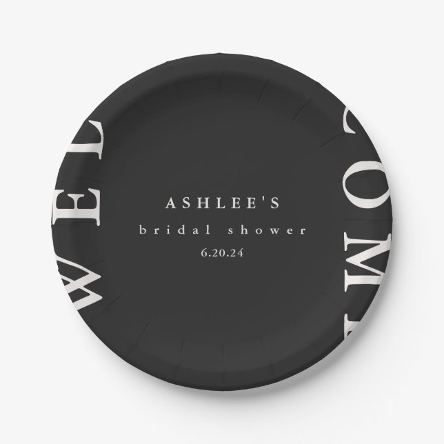 Bridal Shower Black and Taupe Typography Welcome  Paper Plate (Front)