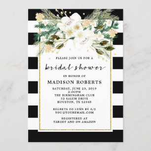 Bridal Shower Black and White Stripes Flowers Invitation