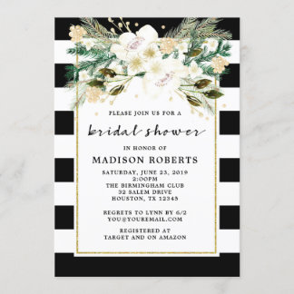 Bridal Shower Black and White Stripes Flowers Invitation